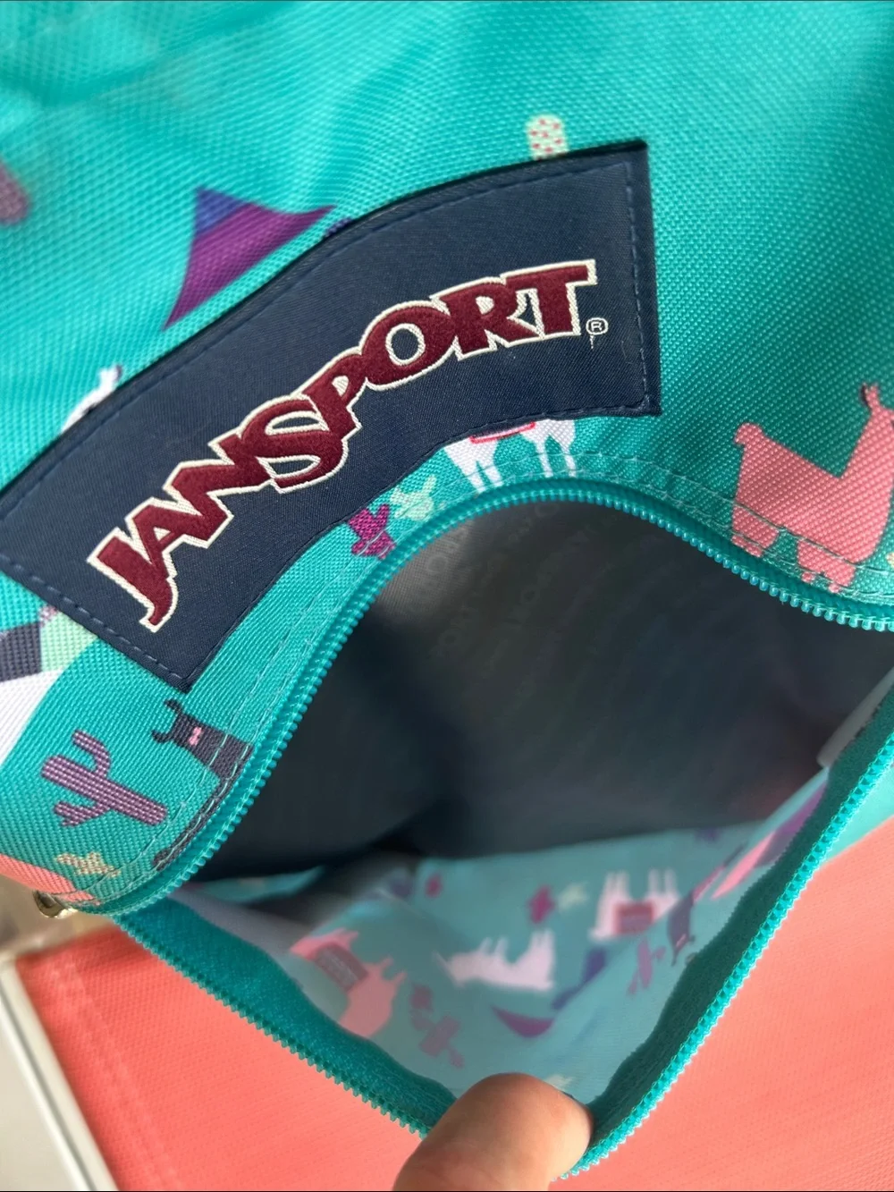 Jansport Teal Backpack with Pink & White Llama Print
